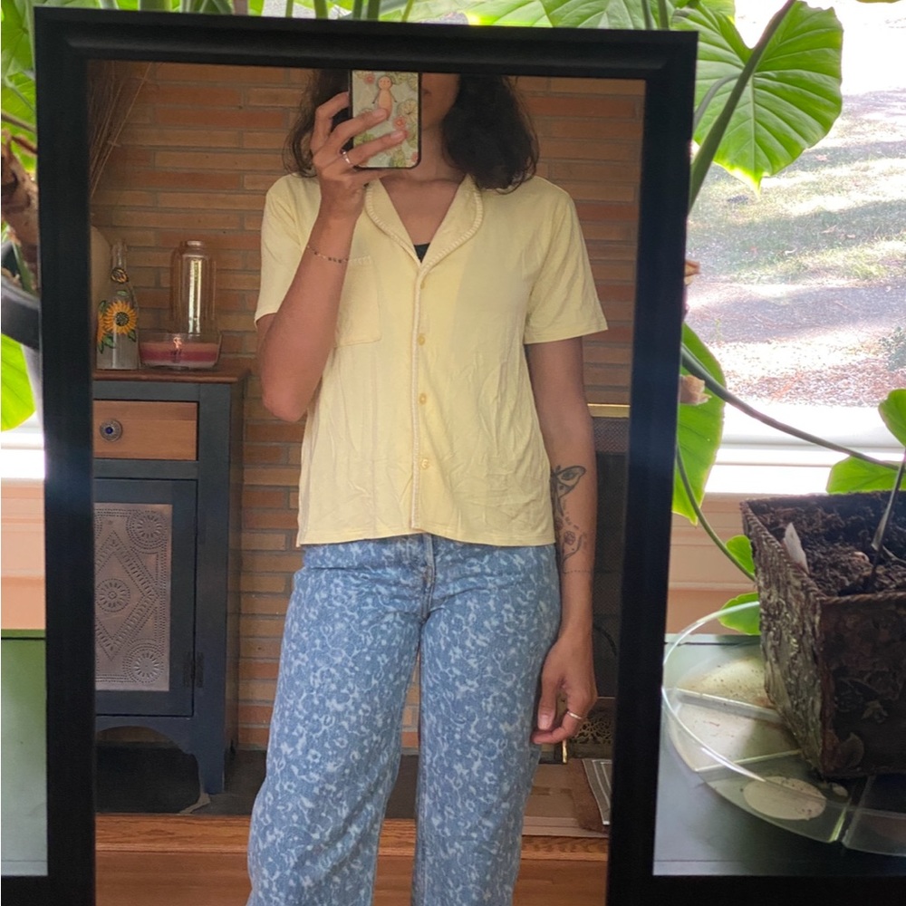 Aerie Real Soft® Blanket Stitch Short Sleeve Pajama Shirt XXS in Yellow